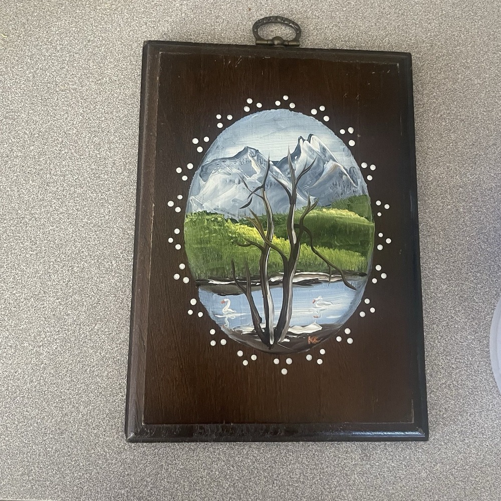 Vintage Hand Painted Landscape Painting On Wood Folk Art Wall Hanging 5x7"